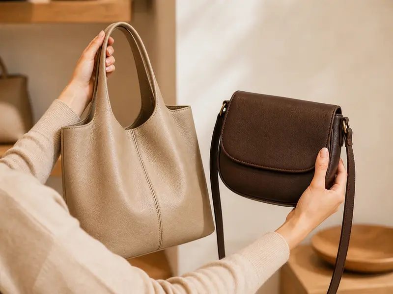 Femme choisissant entre plusieurs sacs Misako dans un magasin